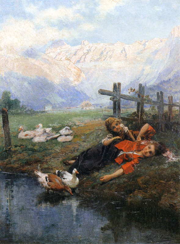 children and geese by a pond